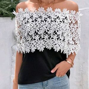 SHEIN Black and White Guipure Lace Appliques Off Shoulder Blouse top